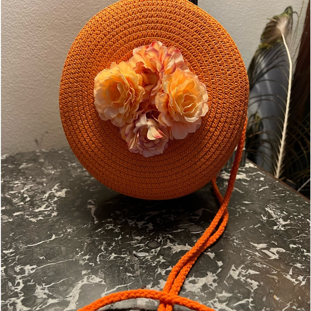Gorgeous Orange Handmade Straw Corsage Purse - Raffia Handbag with Flowers
